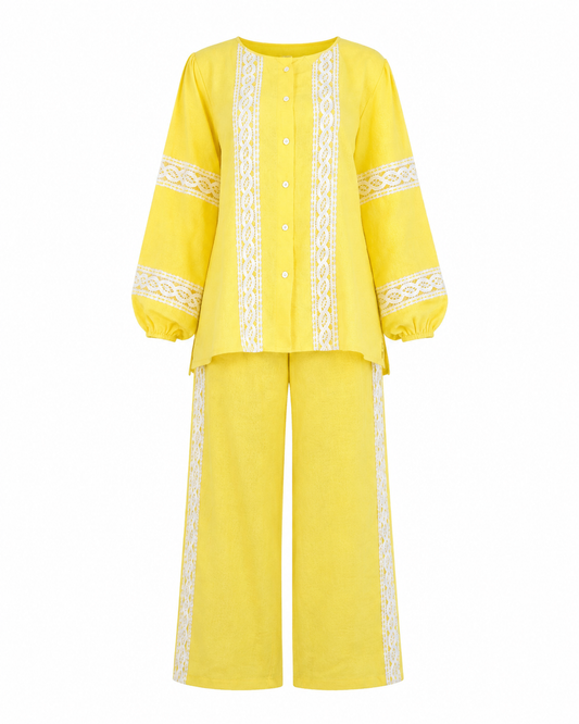 Lace-Trim Linen Two-Piece Set ghost mannequin