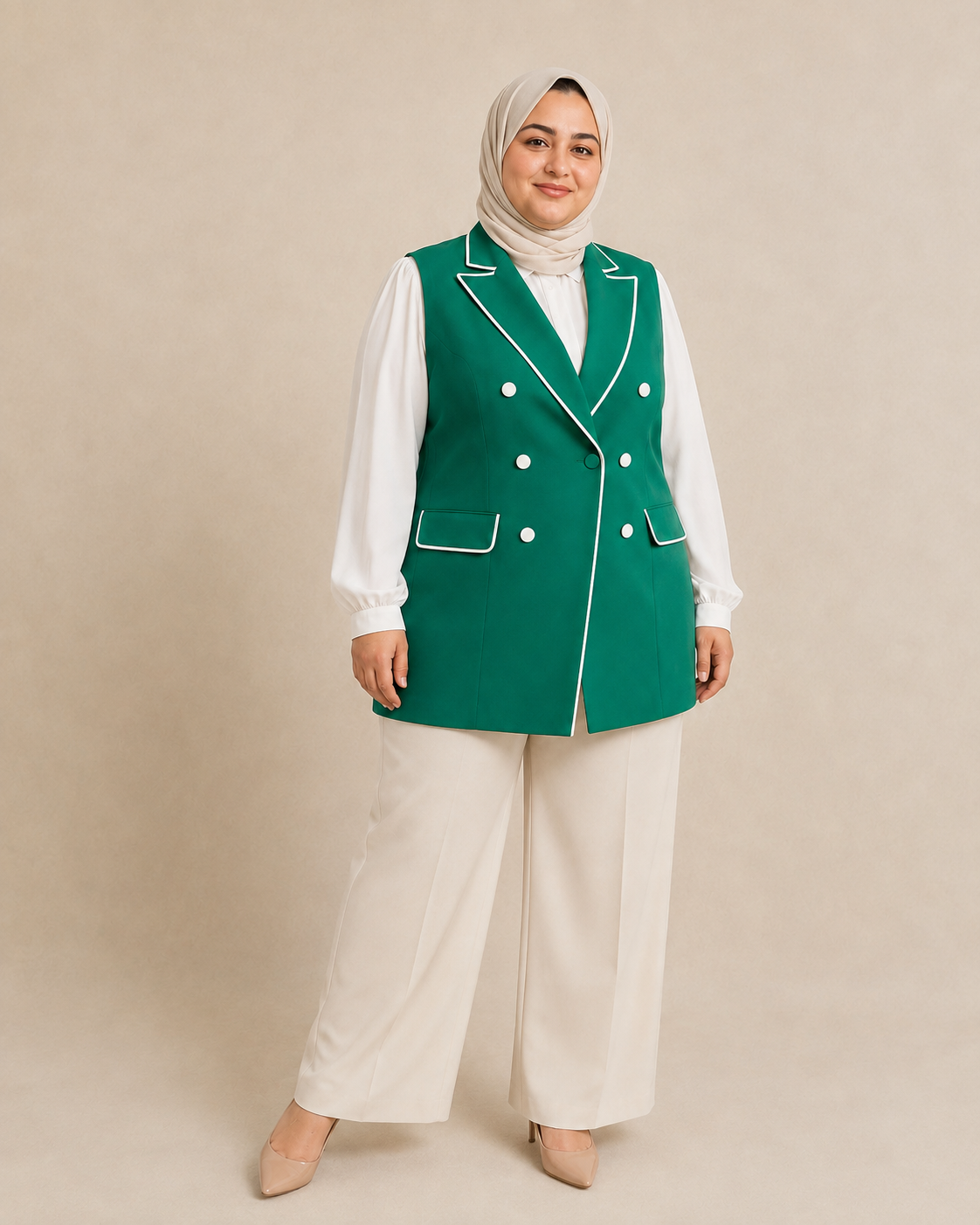 Emerald Green Contrast-Trim Plus Size Tailored Vest on model