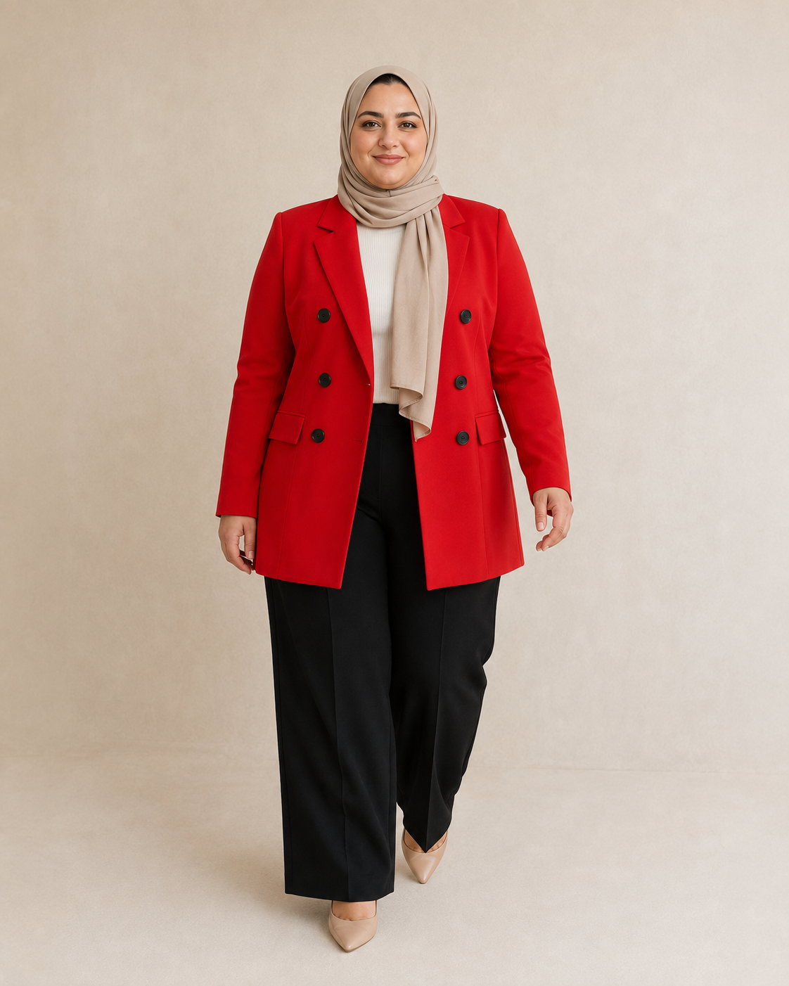 Red Plus Size Straight-Cut Blazer with Black Buttons on model