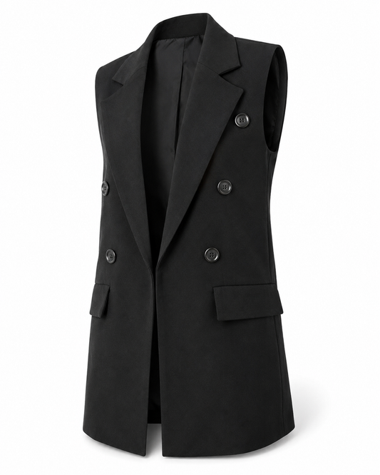Black buttoned tailored vest ghost mannequin