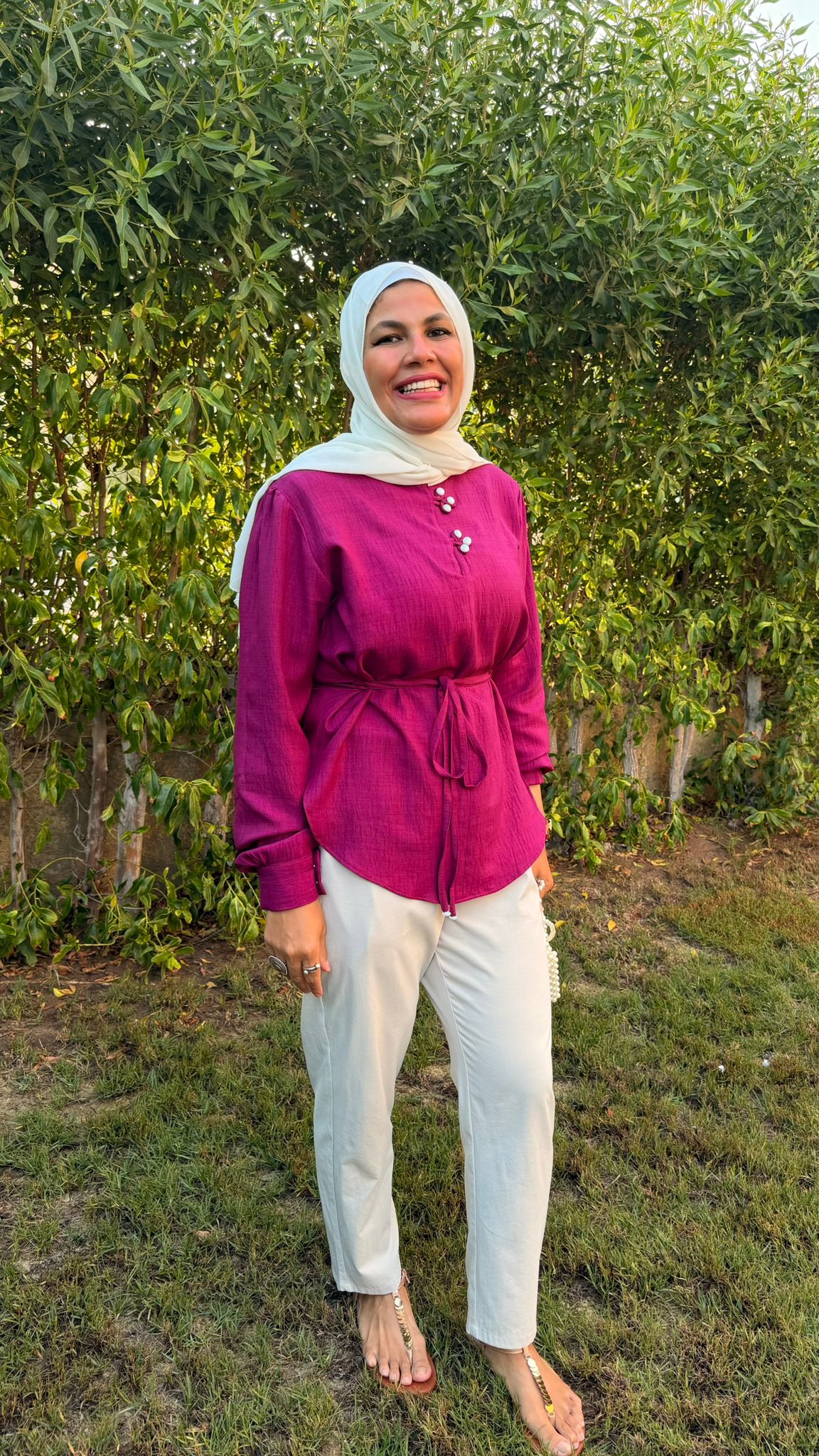 Fuchsia tie-waist linen blouse lifestyle view