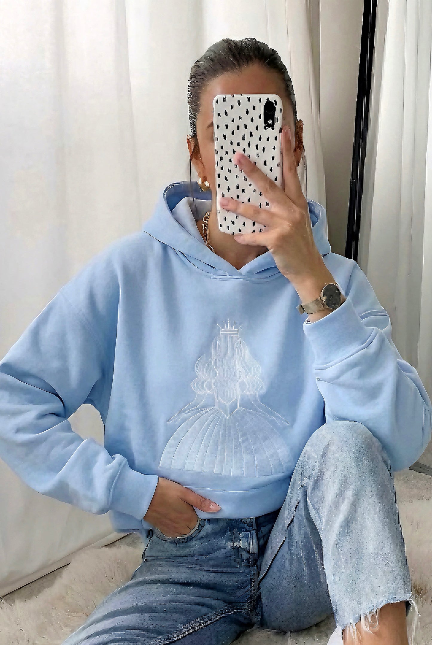 Enchanted Princess Embroidered Hoodie - Baby Blue Fleece-Lined Hoodie