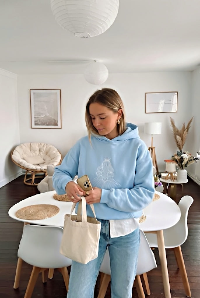 Enchanted Princess Embroidered Hoodie - Baby Blue Fleece-Lined Hoodie
