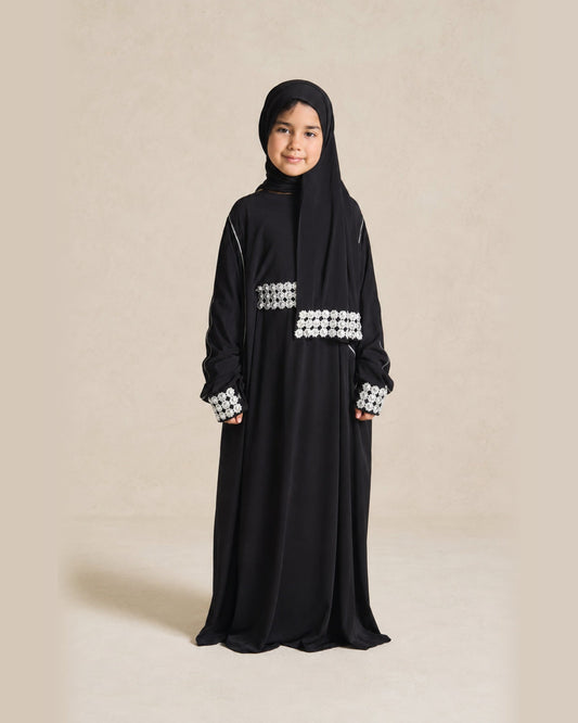 Girls’ Silver-Embroidered Black Prayer Isdal – featured studio product image