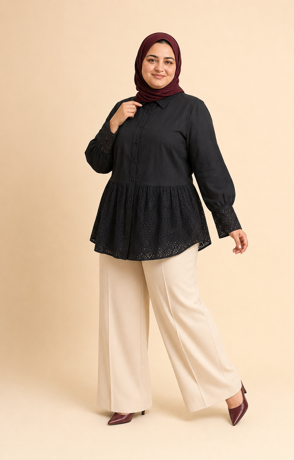 Linen Lace Plus Size Blouse black styled model