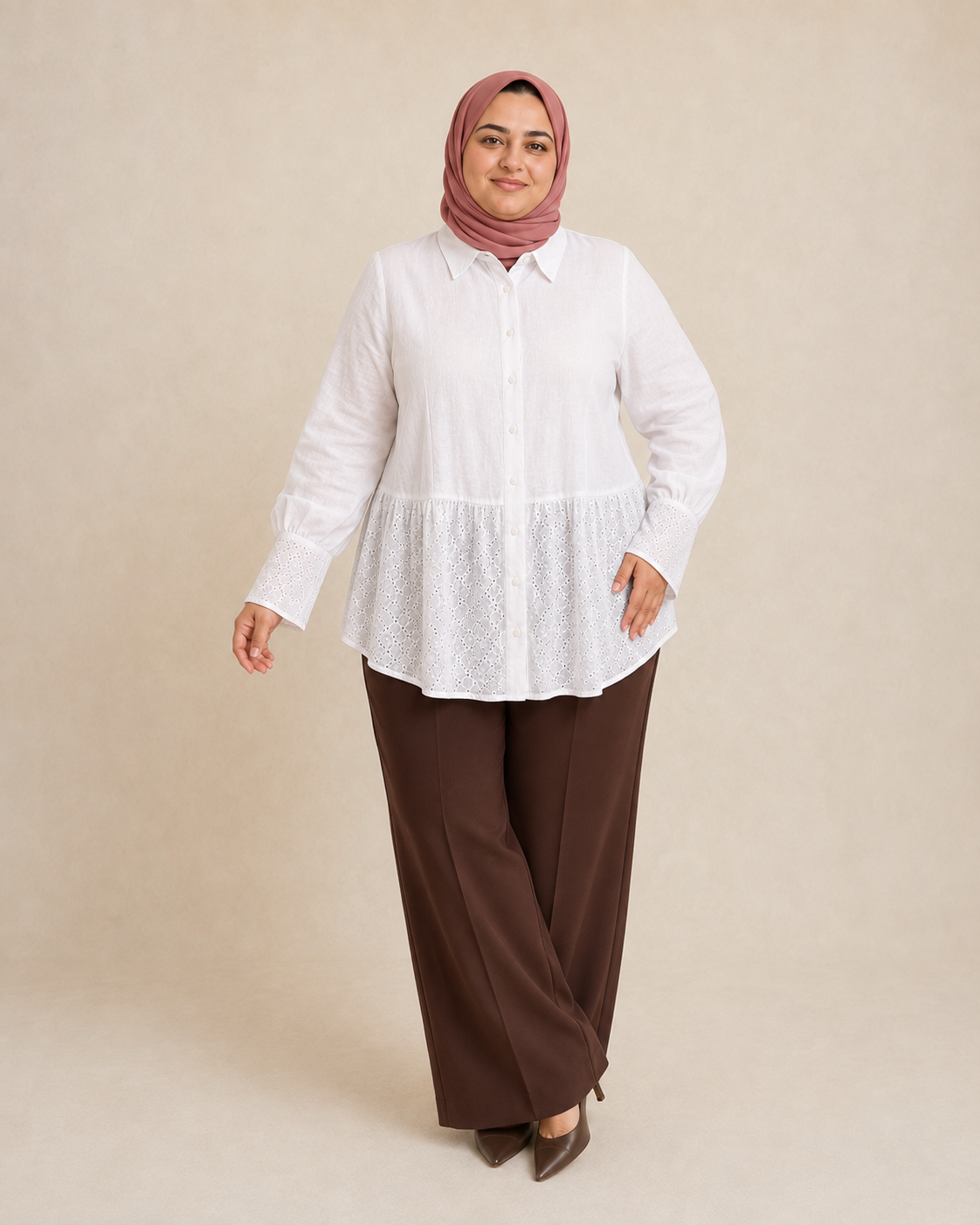 Linen Lace Plus Size Blouse white styled model