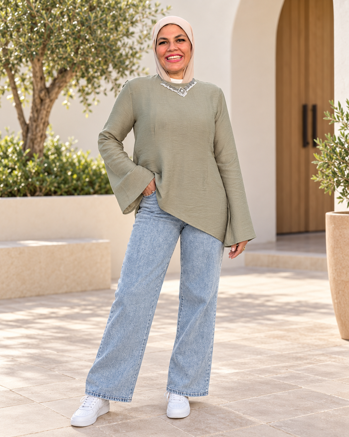 Olive asymmetric linen blouse plus size lifestyle look