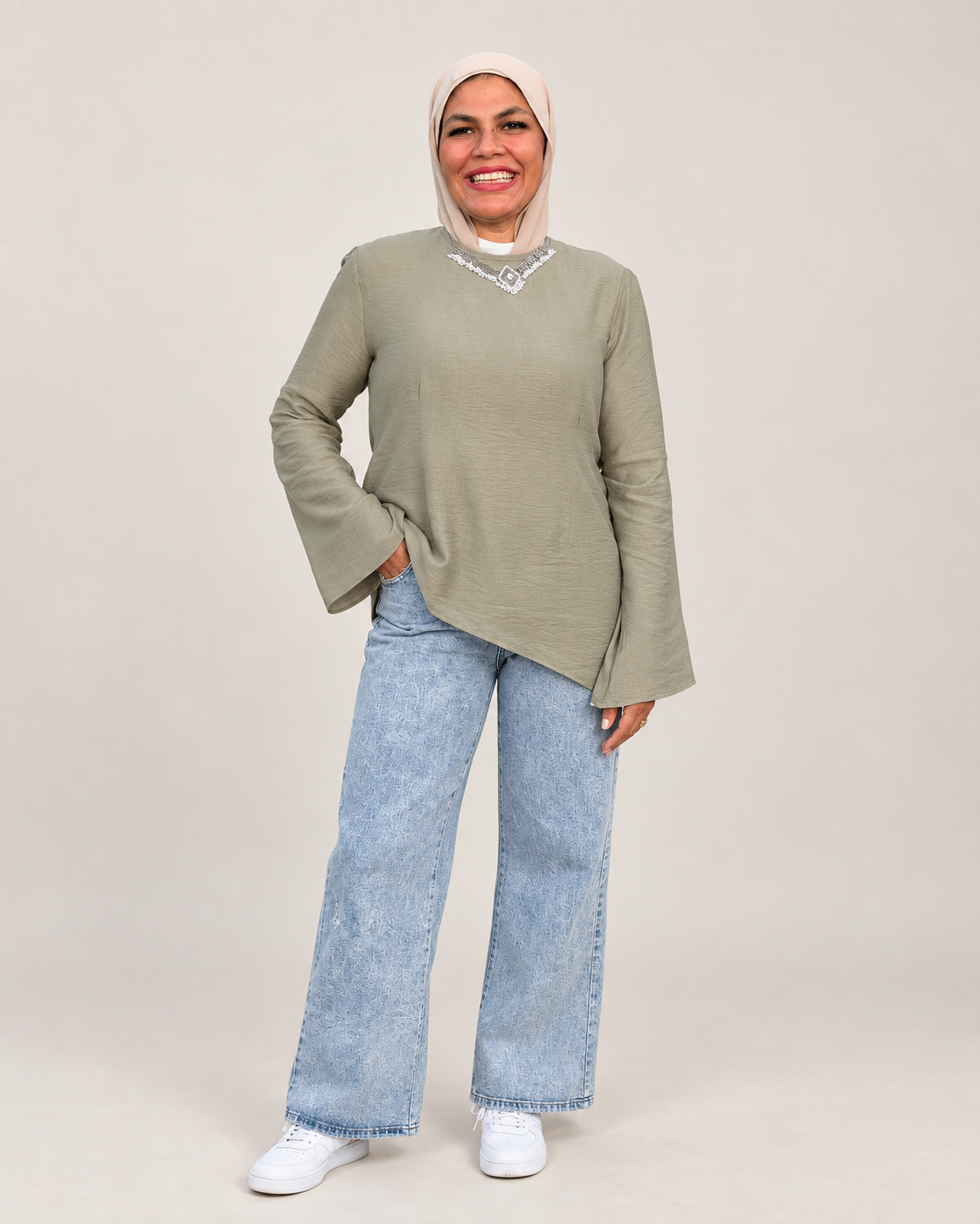 Olive asymmetric linen blouse plus size on model