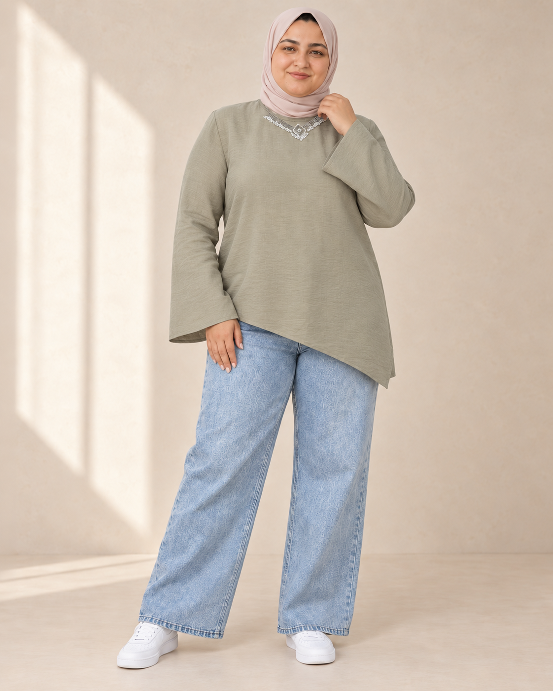 Olive asymmetric linen blouse plus size second model pose