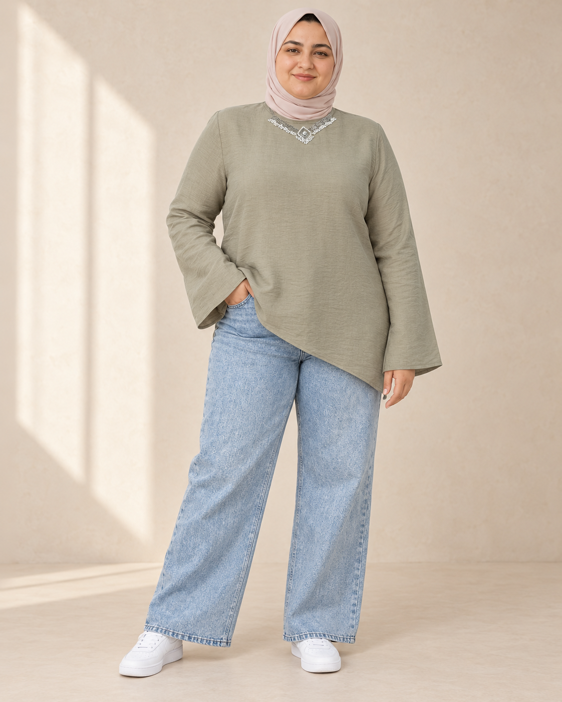 Olive asymmetric linen blouse on plus size model