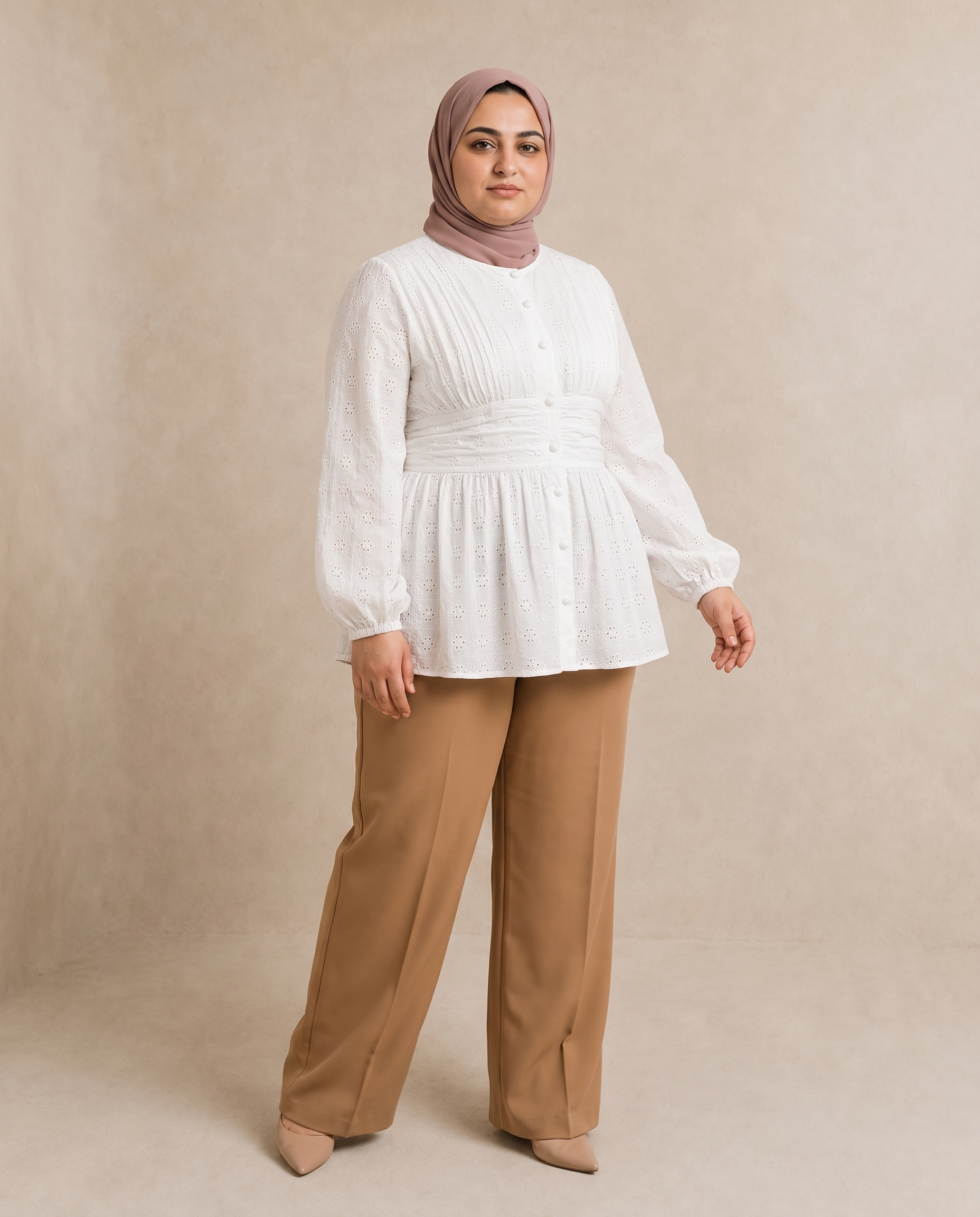 Pearl-Button Plus Size Lace Blouse on plus size model