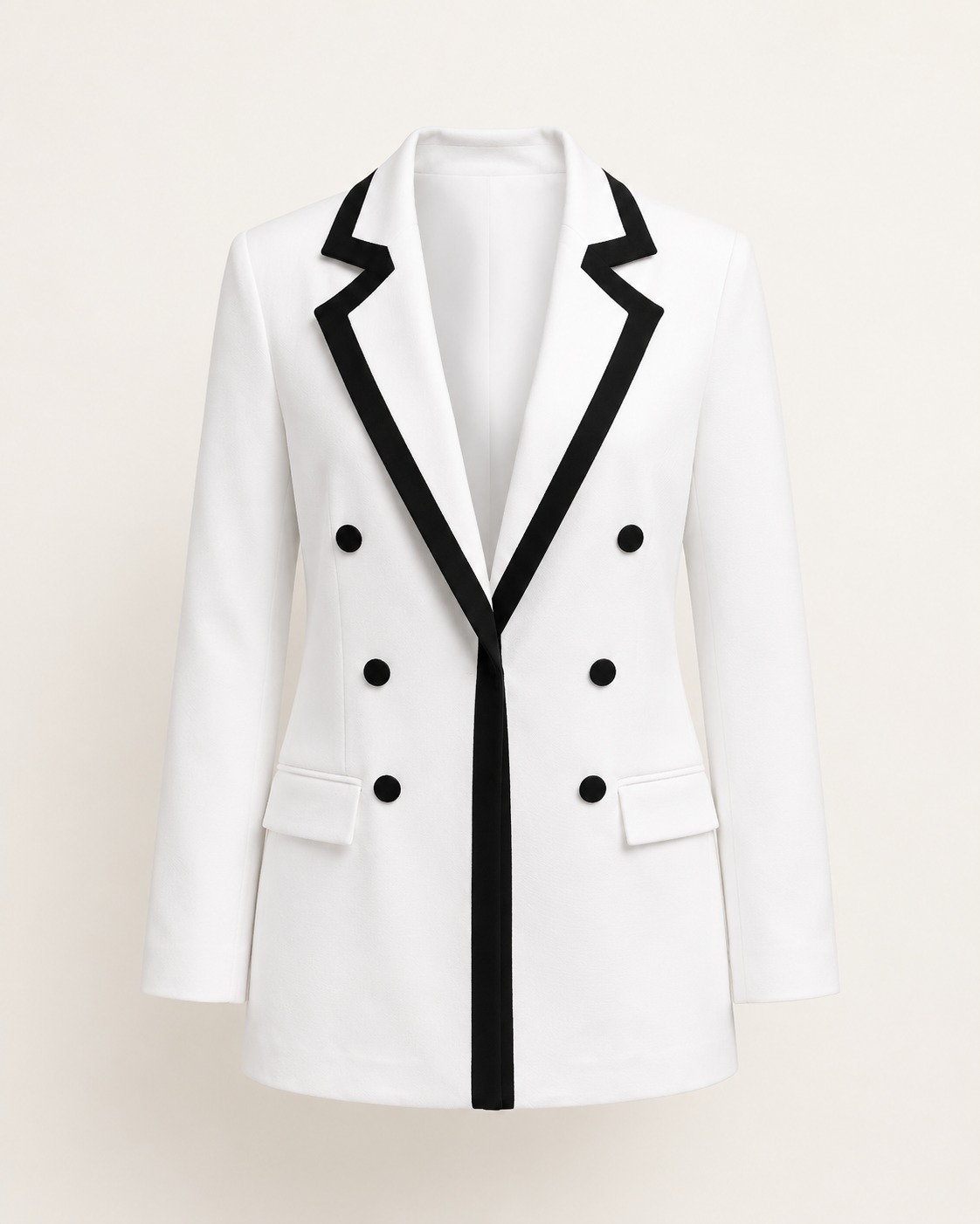 White Contrast-Trim Double-Breasted Blazer ghost mannequin