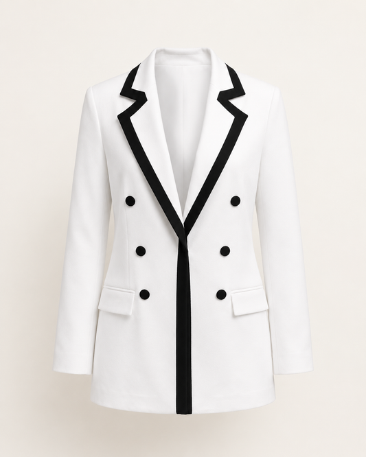 White Contrast-Trim Double-Breasted Blazer ghost mannequin