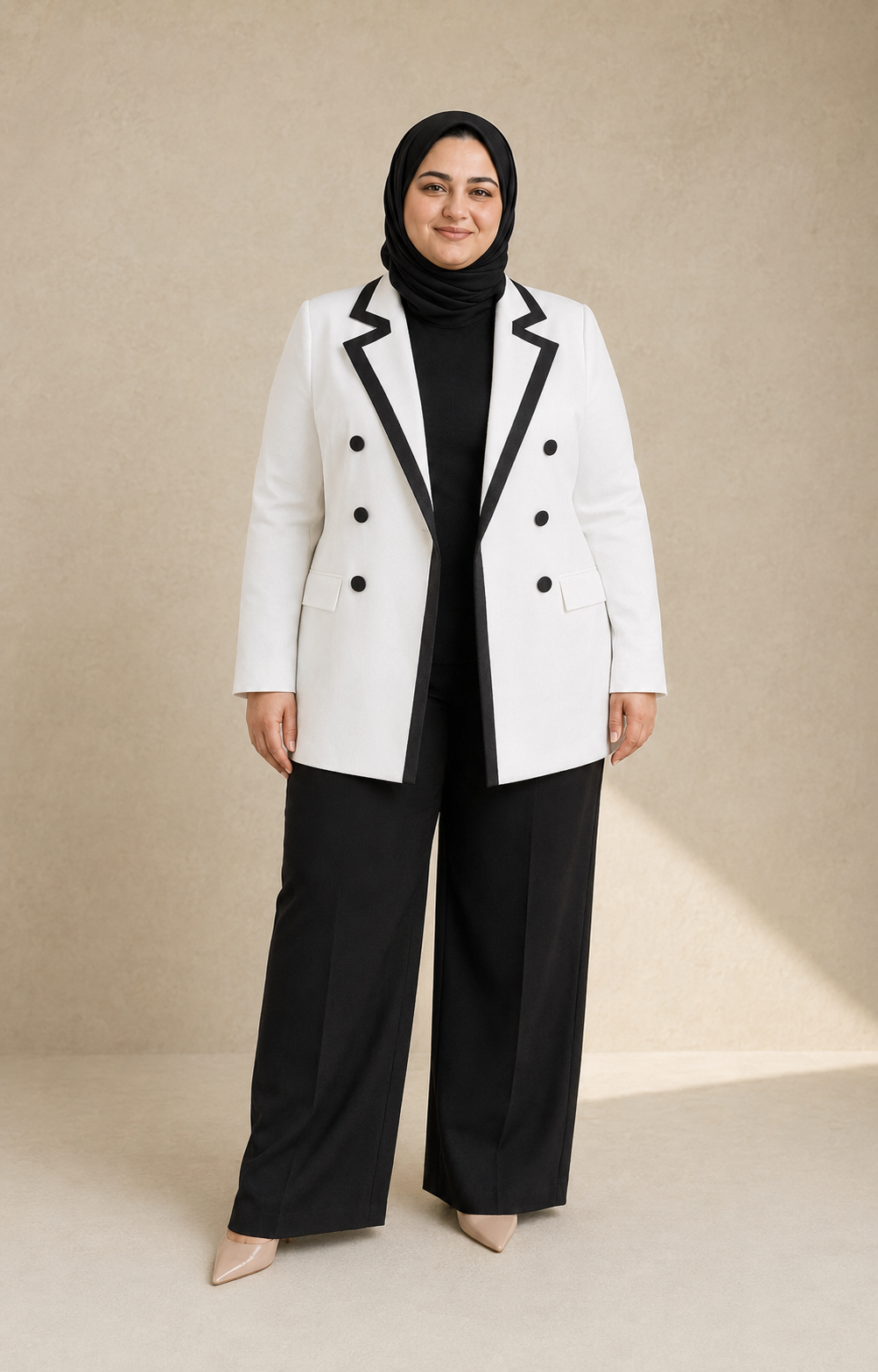 White Contrast-Trim Double-Breasted Plus Size Blazer on model