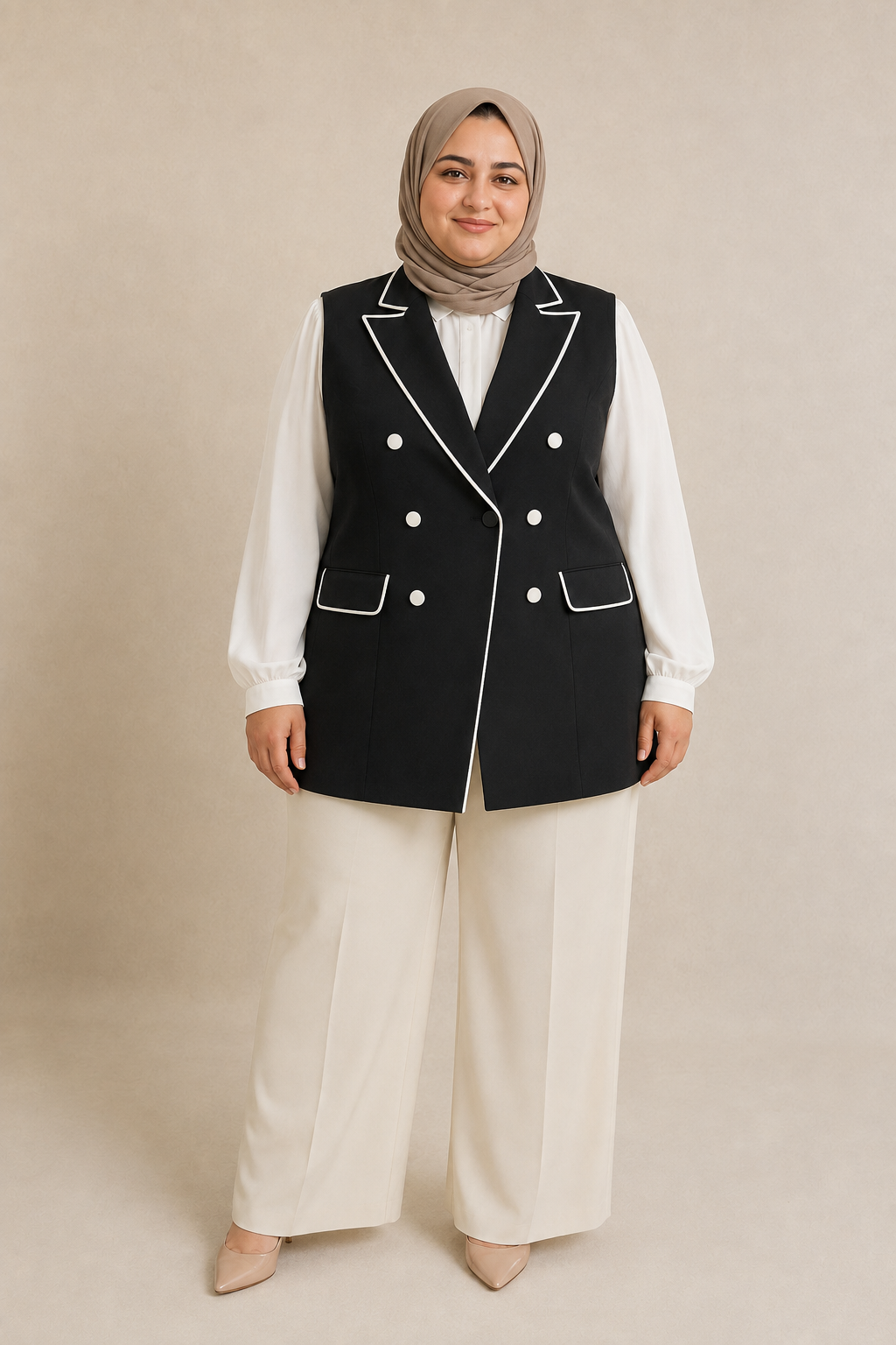 Black Contrast-Trim Plus Size Tailored Vest on model