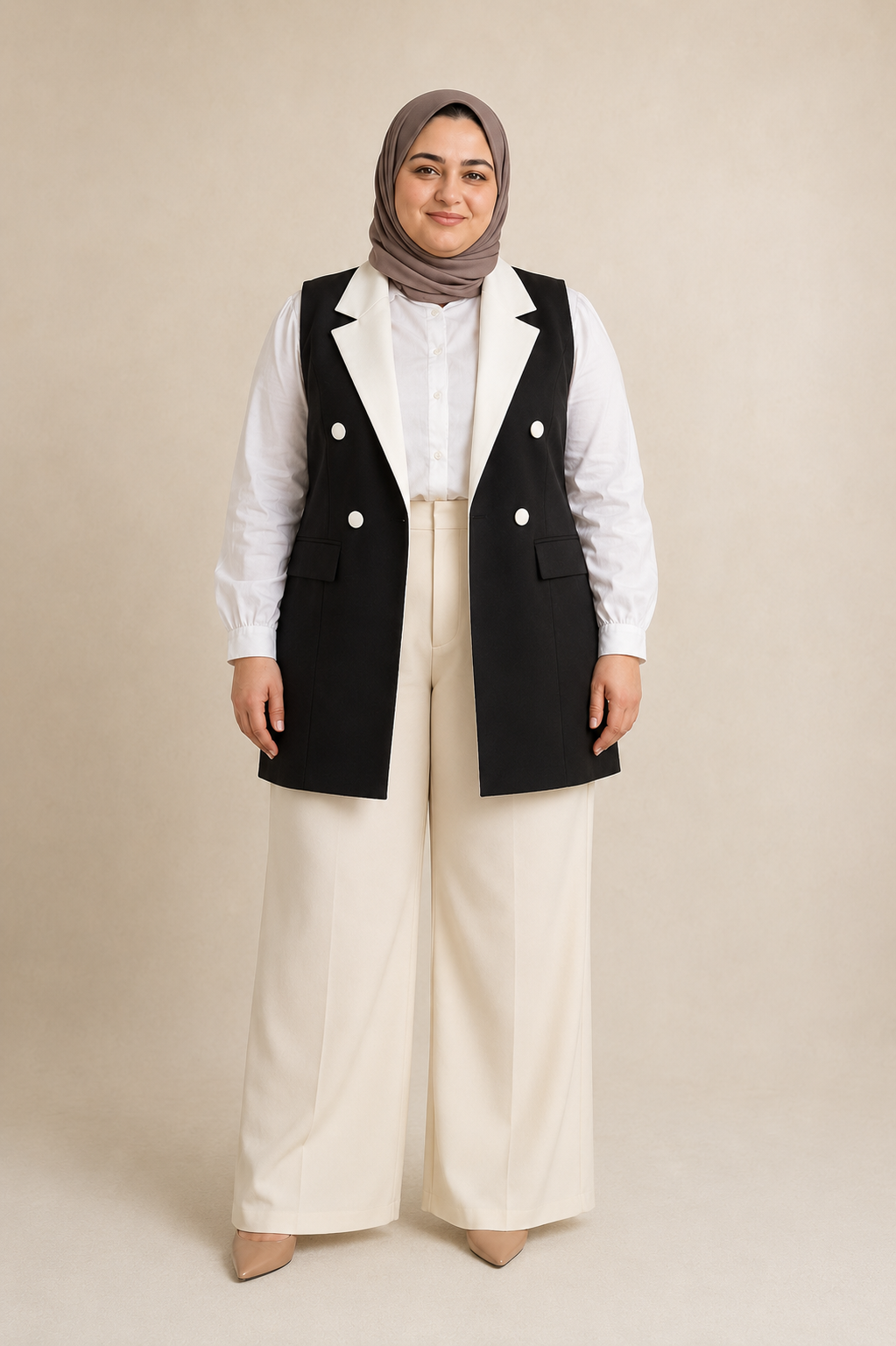 Black Contrast White-Lapel Plus Size Vest on model