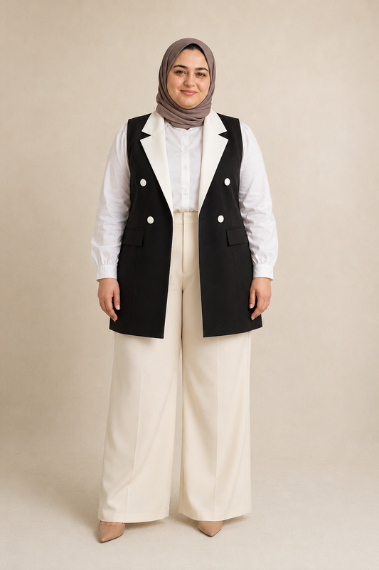 Black Contrast White-Lapel Plus Size Vest on model