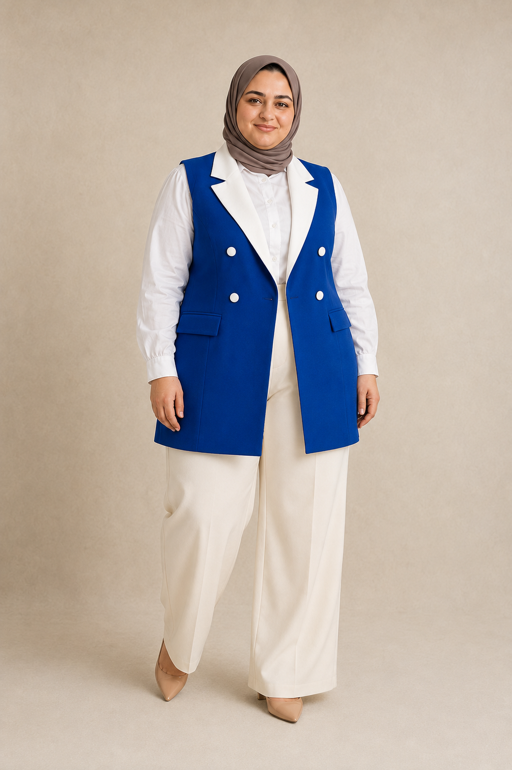 Blue Contrast White-Lapel Plus Size Vest on model