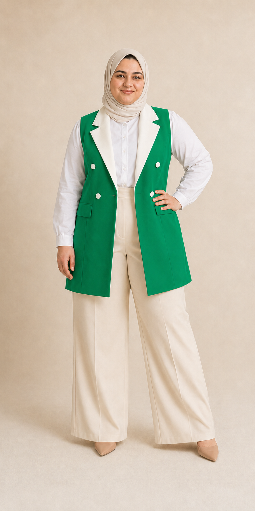 Emerald Green Contrast White-Lapel Plus Size Vest on model