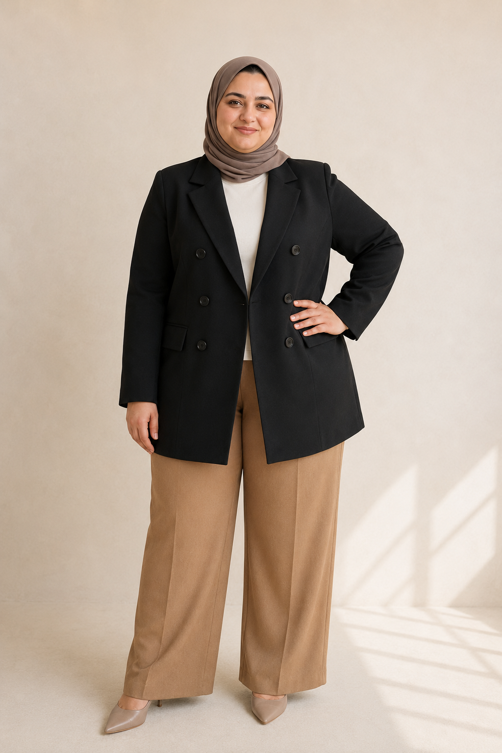 Black Plus Size Straight-Cut Blazer with Black Buttons on model