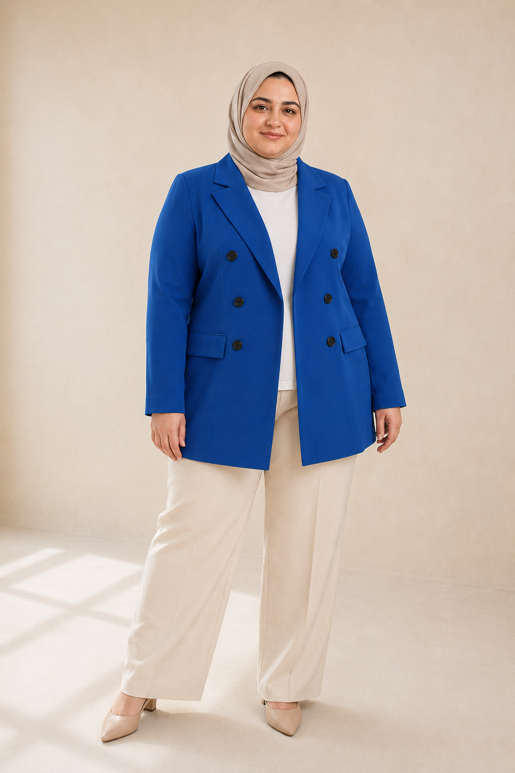 Blue Plus Size Straight-Cut Blazer with Black Buttons on model