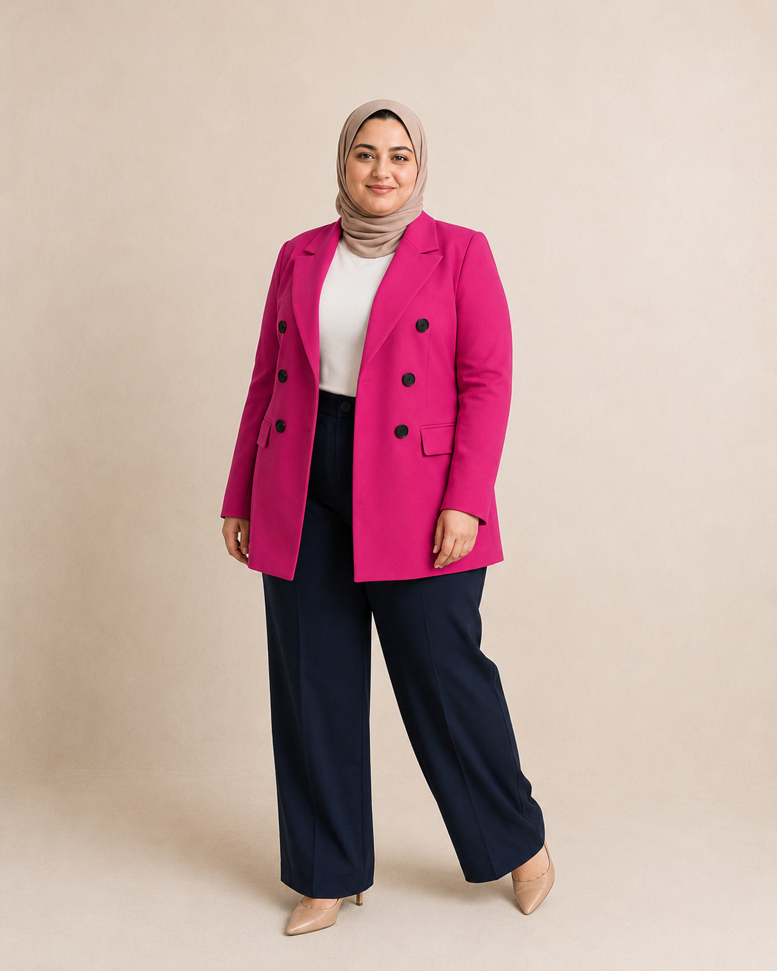 Fushia Plus Size Straight-Cut Blazer with Black Buttons on model