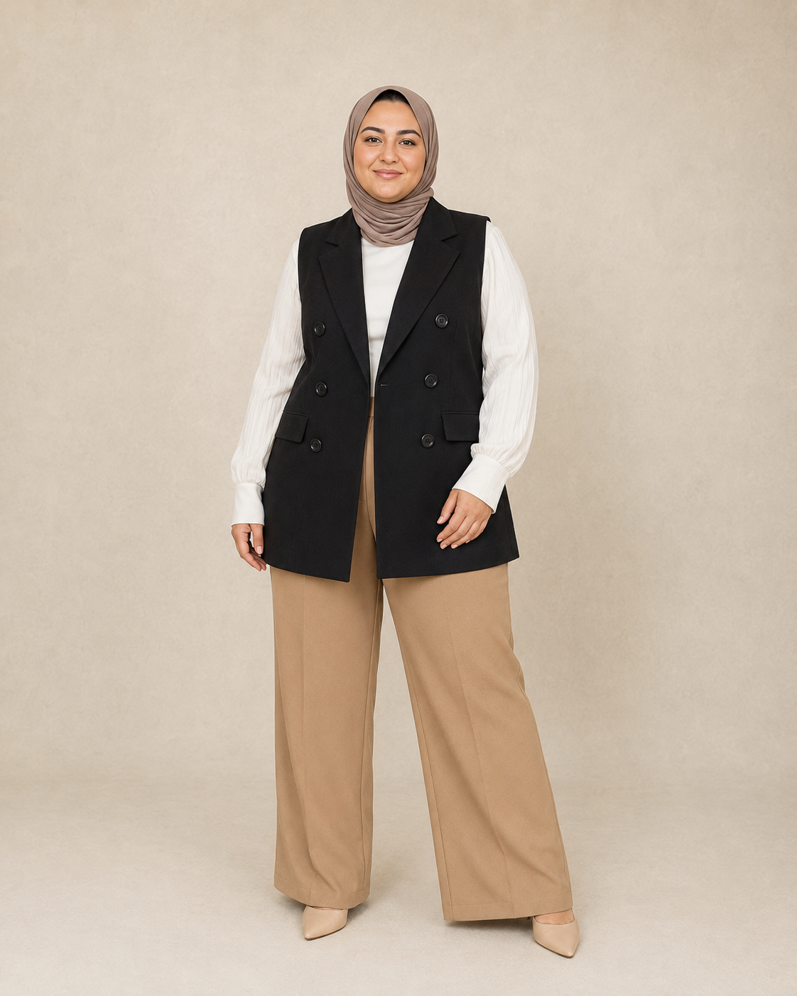 Black Plus Size buttoned tailored vest on model