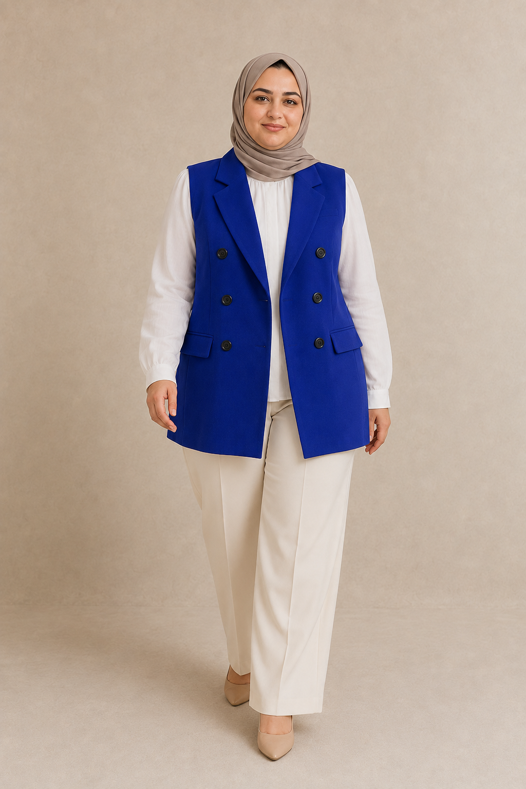Blue Plus Size buttoned tailored vest on model