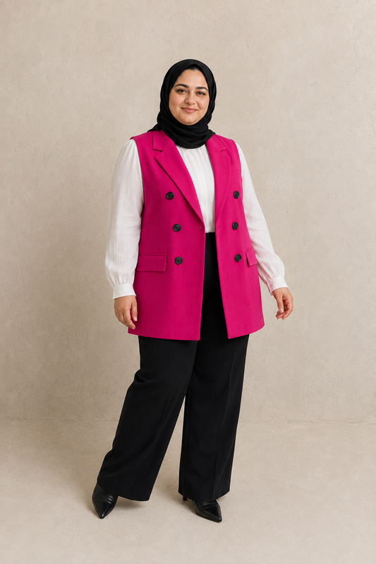 Fushia Plus Size buttoned tailored vest on model