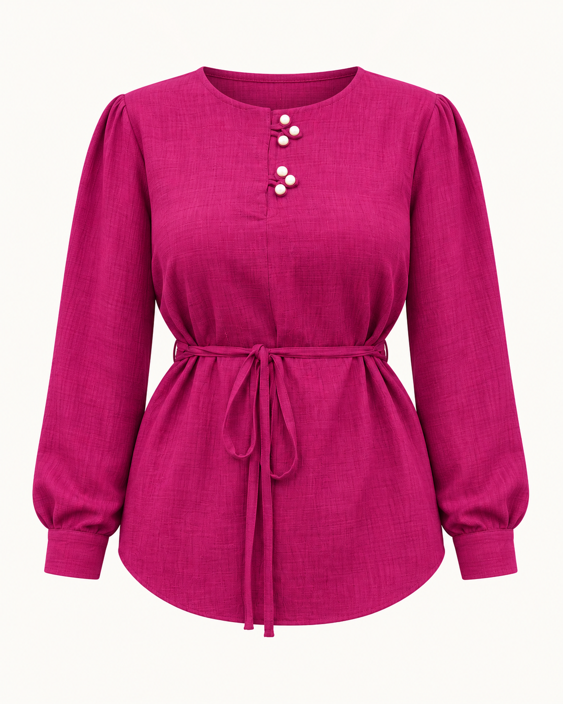 Fuchsia tie-waist linen blouse ghost mannequin