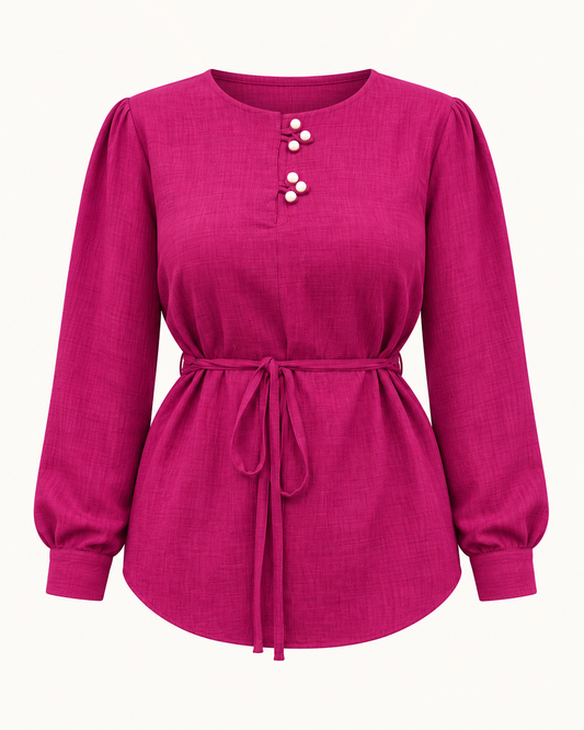 Fuchsia tie-waist linen blouse ghost mannequin