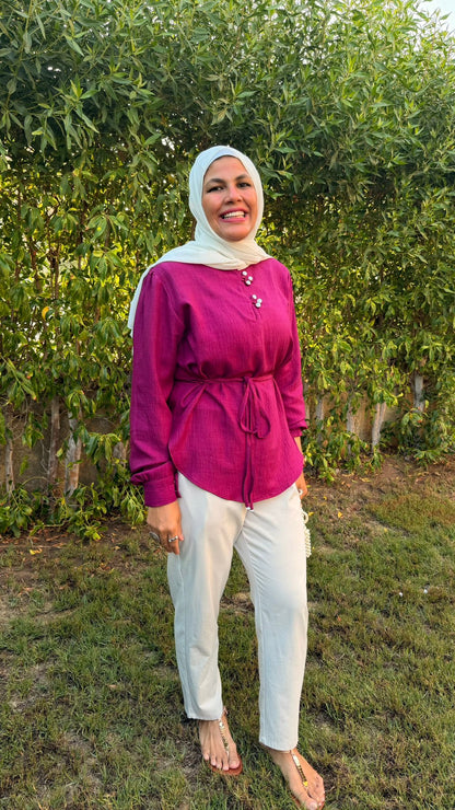Fuchsia tie-waist linen blouse lifestyle view