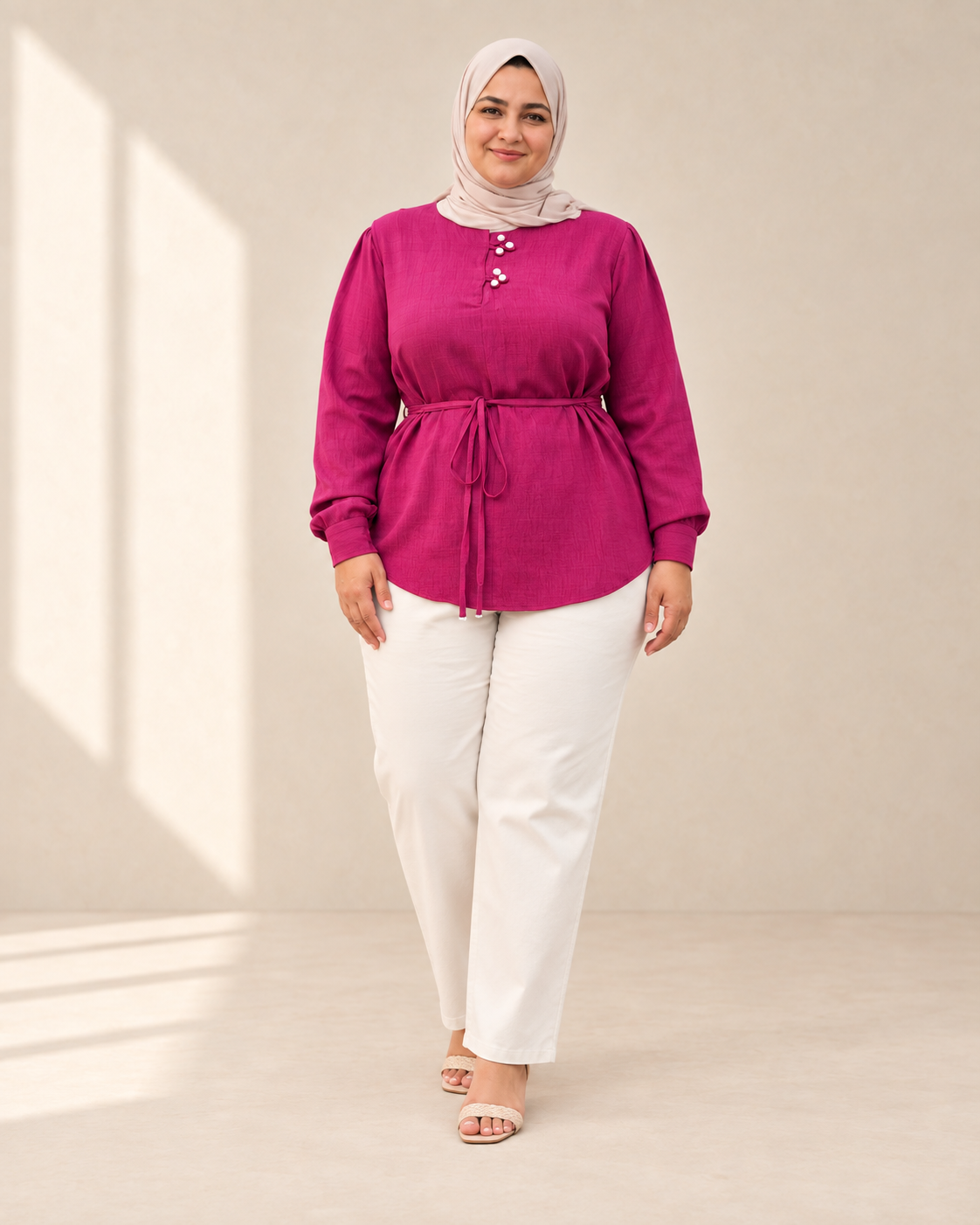 Fuchsia tie-waist linen blouse on plus-size model