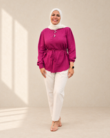 Fuchsia tie-waist linen blouse on model