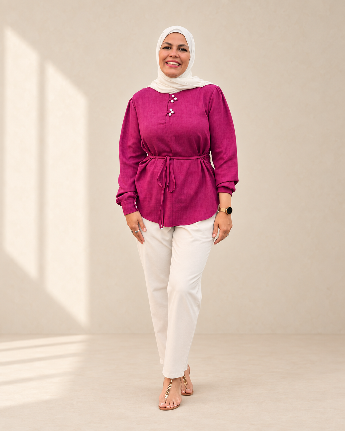 Fuchsia tie-waist linen blouse on model