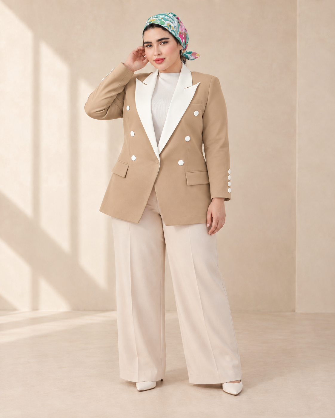 Beige V-Cut Contrast-Lapel Blazer - six front buttons