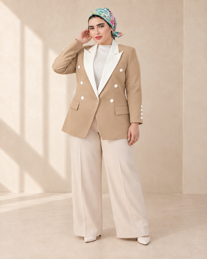 Beige V-Cut Contrast-Lapel Blazer - six front buttons