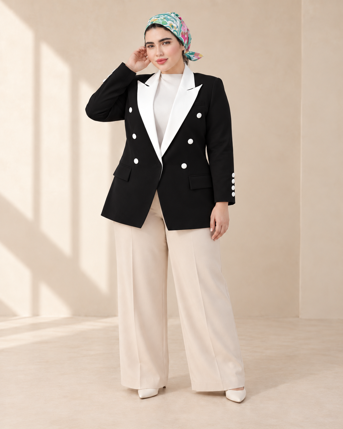 Black V-Cut Contrast-Lapel Blazer - six front buttons