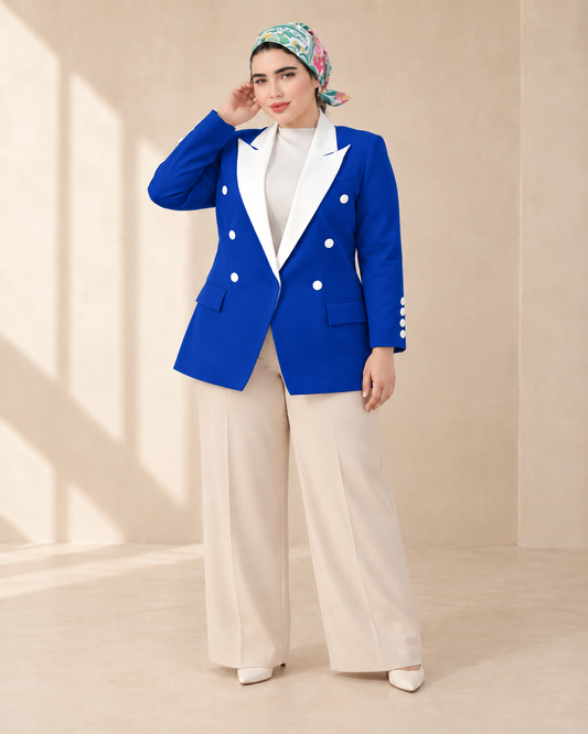 Blue V-Cut Contrast-Lapel Blazer - six front buttons