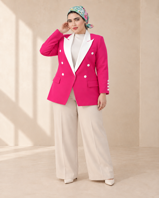 Fushia V-Cut Contrast-Lapel Blazer - six front buttons