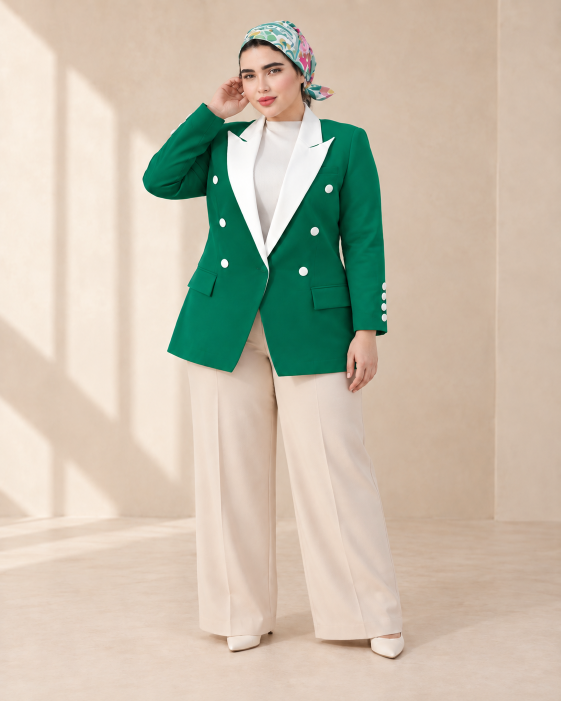 Green V-Cut Contrast-Lapel Blazer - six front buttons