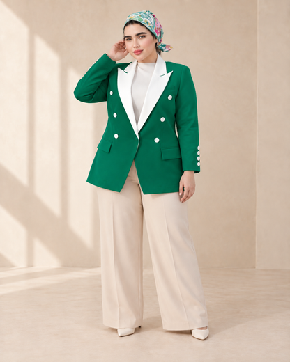 Green V-Cut Contrast-Lapel Blazer - six front buttons