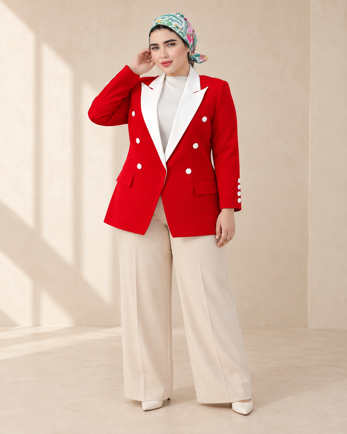 Red V-Cut Contrast-Lapel Blazer - six front buttons