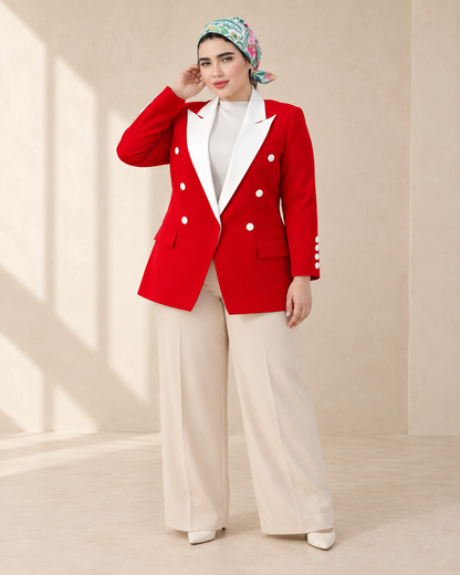 Red V-Cut Contrast-Lapel Blazer - six front buttons
