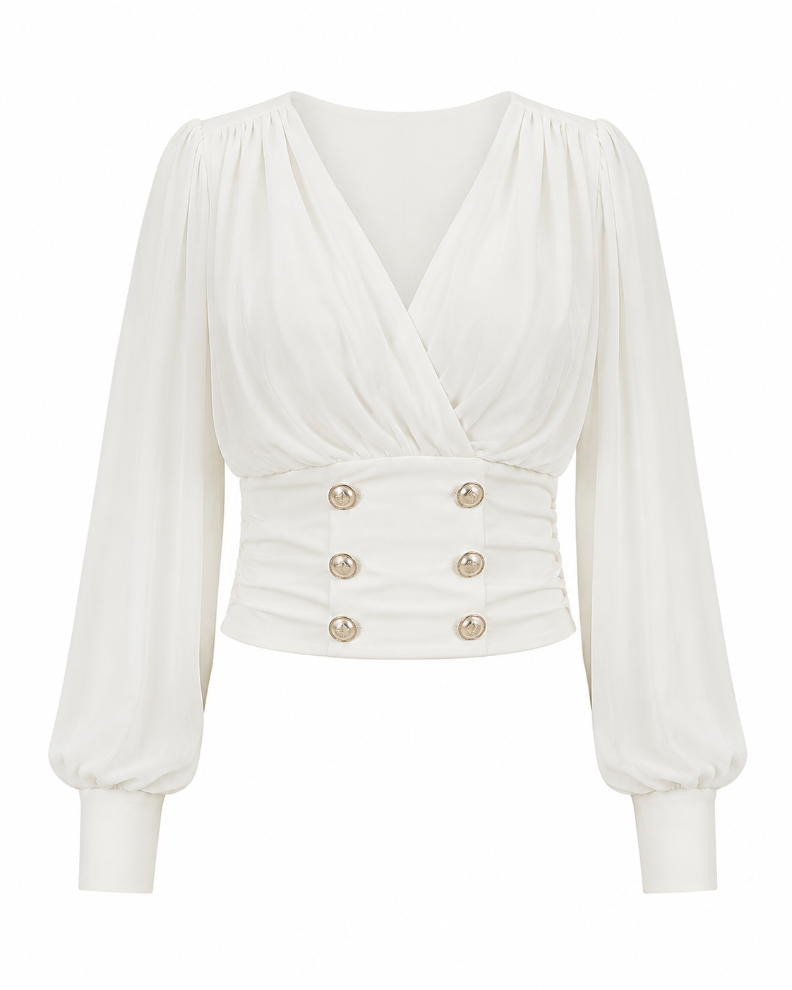 V-Neck Chiffon Blouse with Gold Buttons ghost mannequin