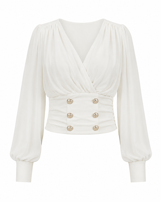 V-Neck Chiffon Blouse with Gold Buttons ghost mannequin