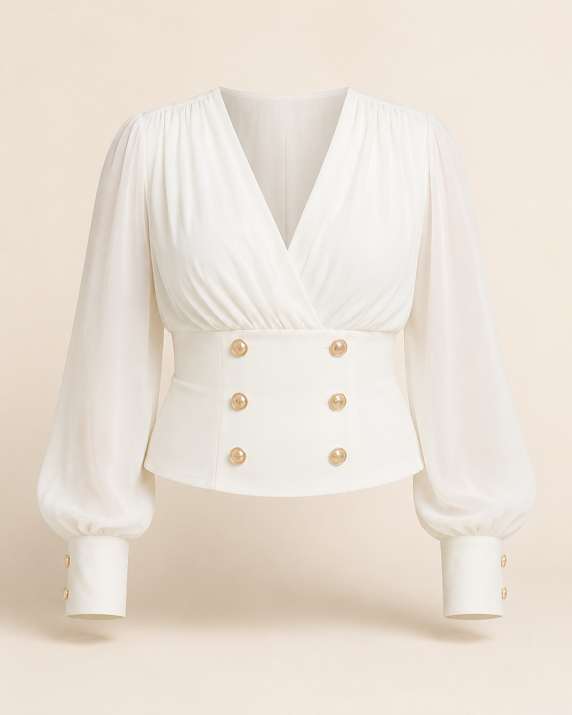 V-Neck Chiffon Plus Size Blouse with Gold Buttons ghost mannequin