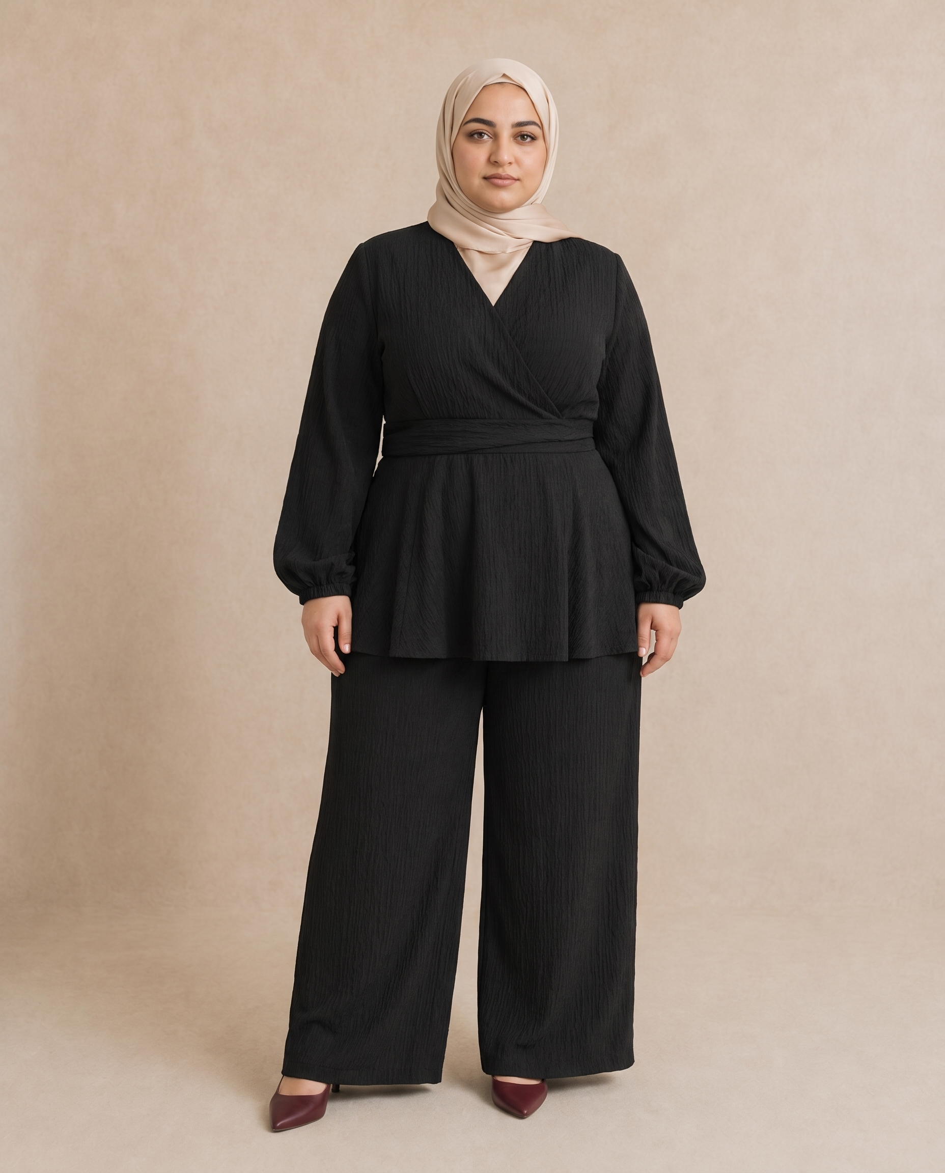 Velora Plus Size Wide-Leg Set in Black on plus size model