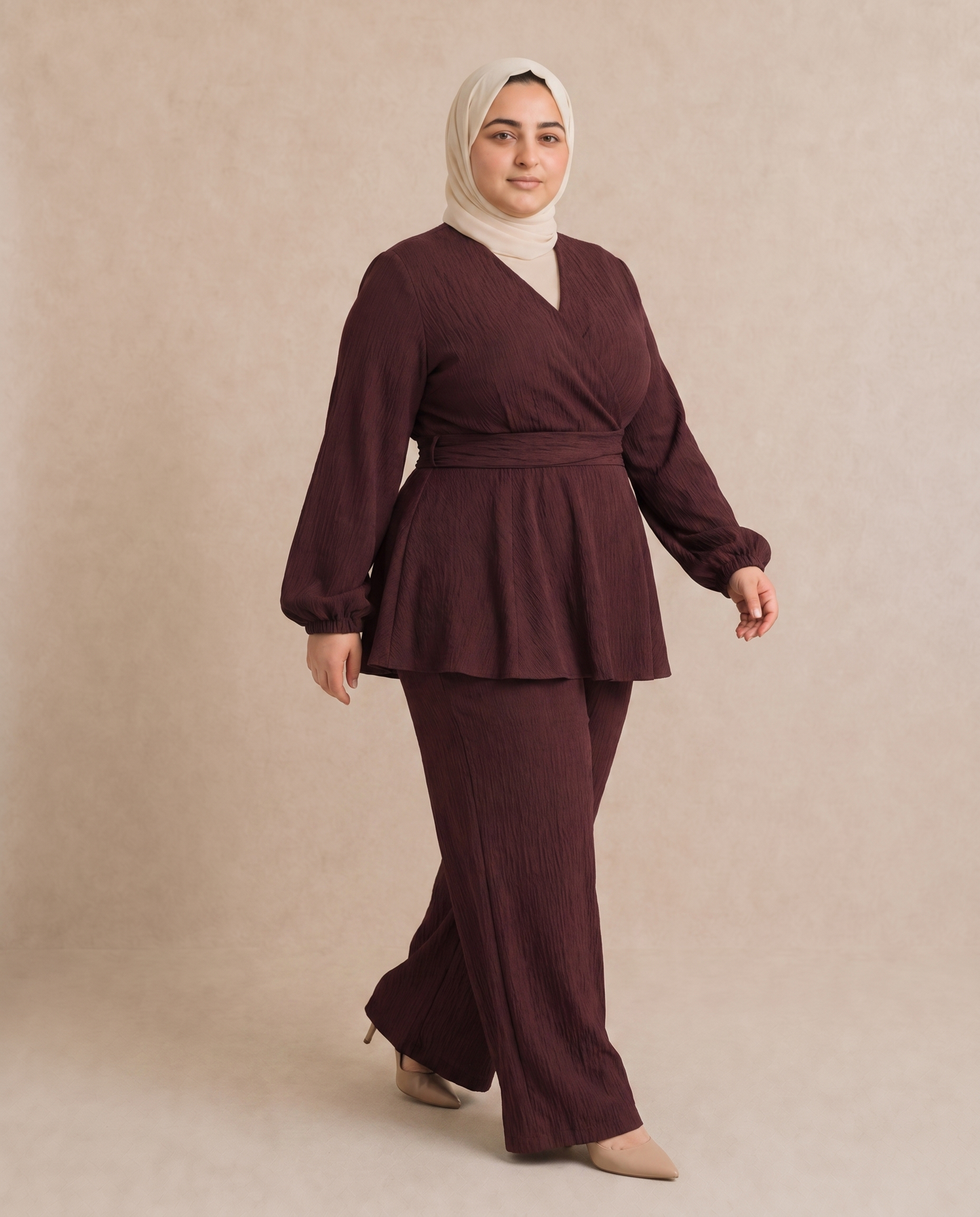 Velora Plus Size Wide-Leg Set in Marron on plus size model
