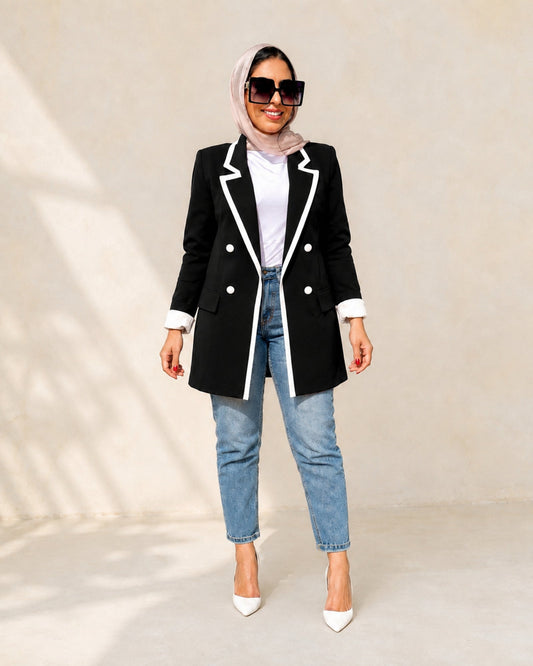 White-Trim Double-Breasted Blazer – studio featured image